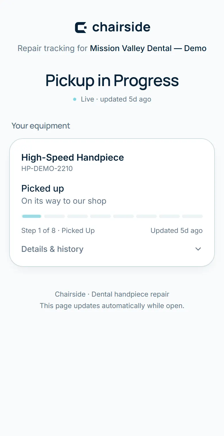 Real Chairside tracker: demo repair just requested, pickup in progress for Mission Valley Dental — Demo