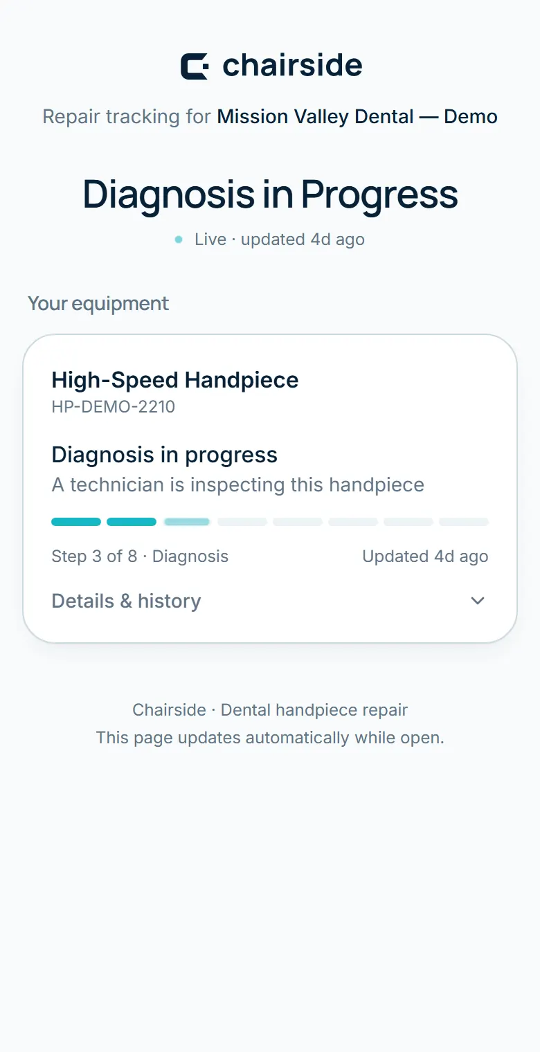 Real tracker screen: unit HP-DEMO-2210 checked in, diagnosis in progress