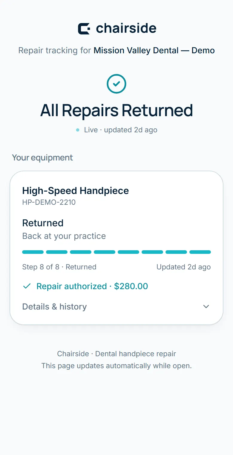 Real tracker screen: all repairs returned, completed record with authorized estimate and full history