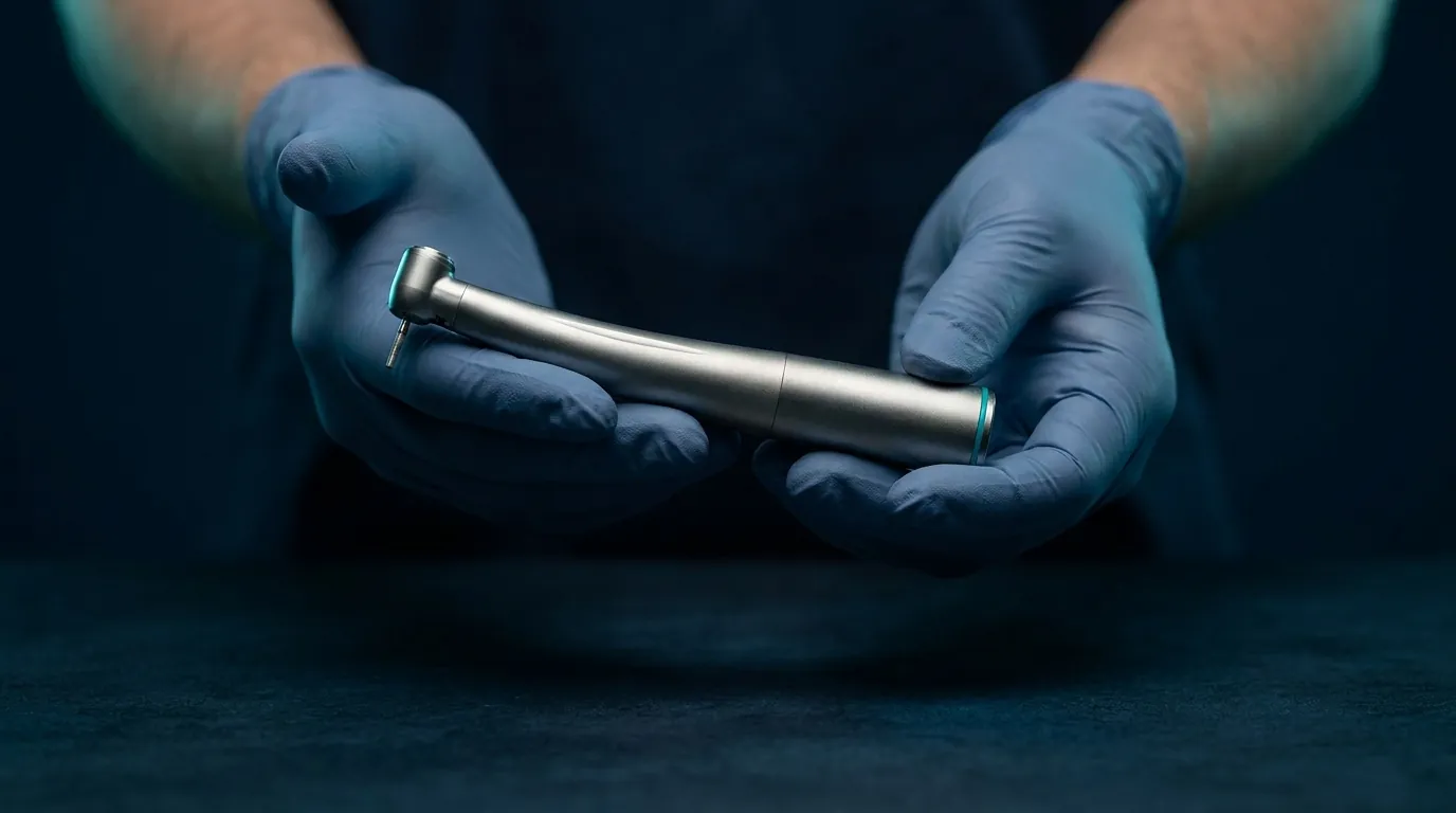 Gloved hands carefully presenting a single dental handpiece