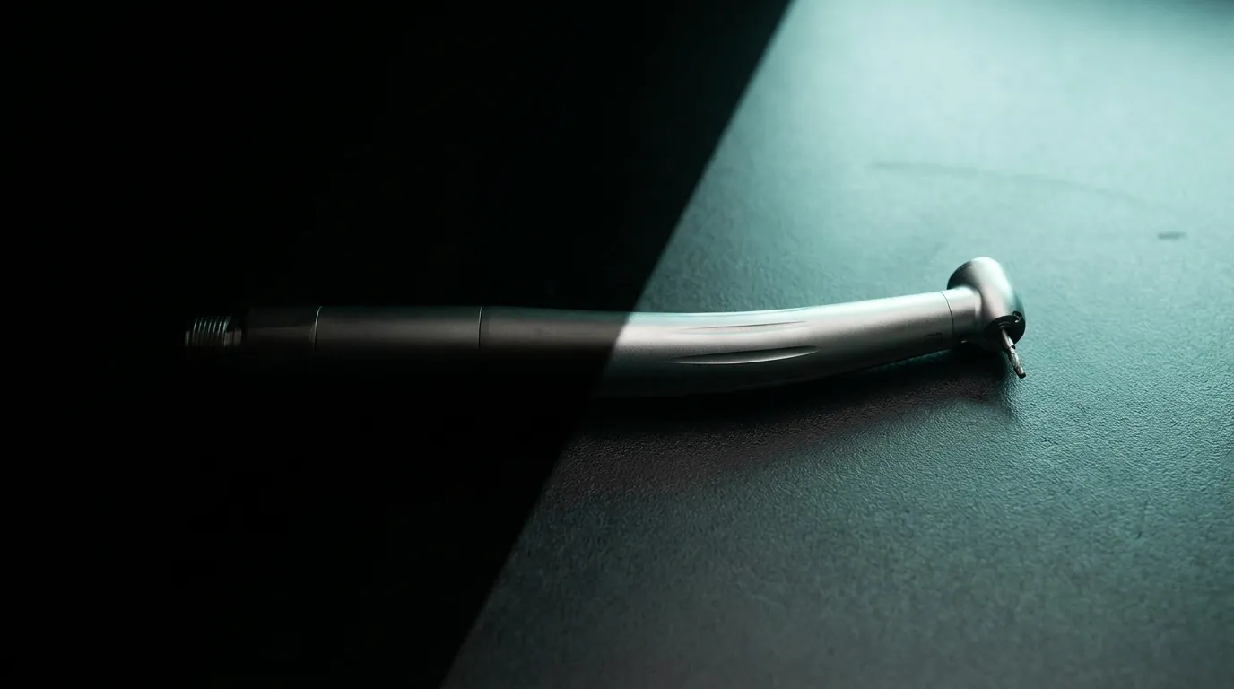 A handpiece emerging from deep shadow into clean teal light